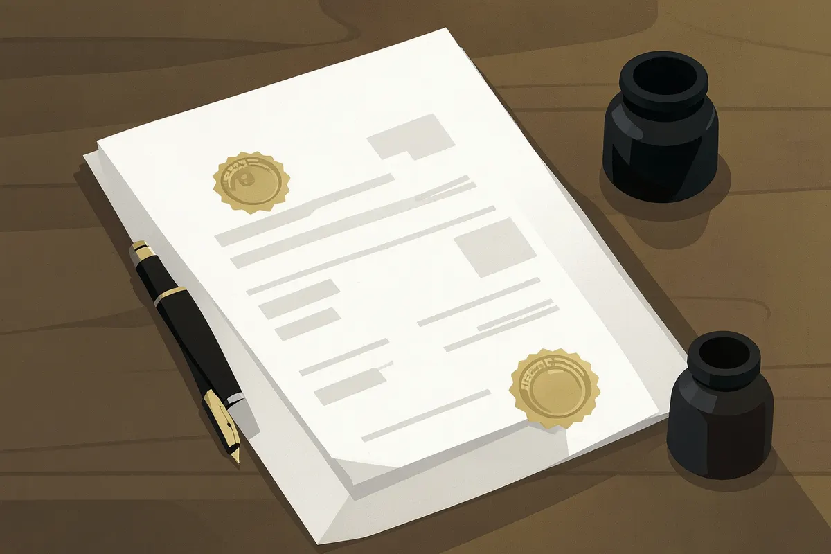 Um documento oficial com selos e carimbos, em close-up, sobre uma mesa de madeira. Ao lado, uma caneta tinteiro e um tinteiro. A luz suave ilumina o documento. A cena é um detalhe, com foco no documento e nos objetos. A luz vem de cima, criando sombras. O momento é de formalização.