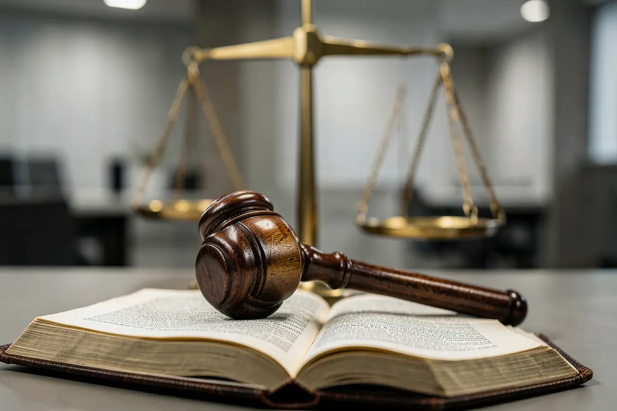 Um martelo de juiz sobre um livro de leis aberto, com uma balança da justiça ao fundo em tons de dourado e marrom.