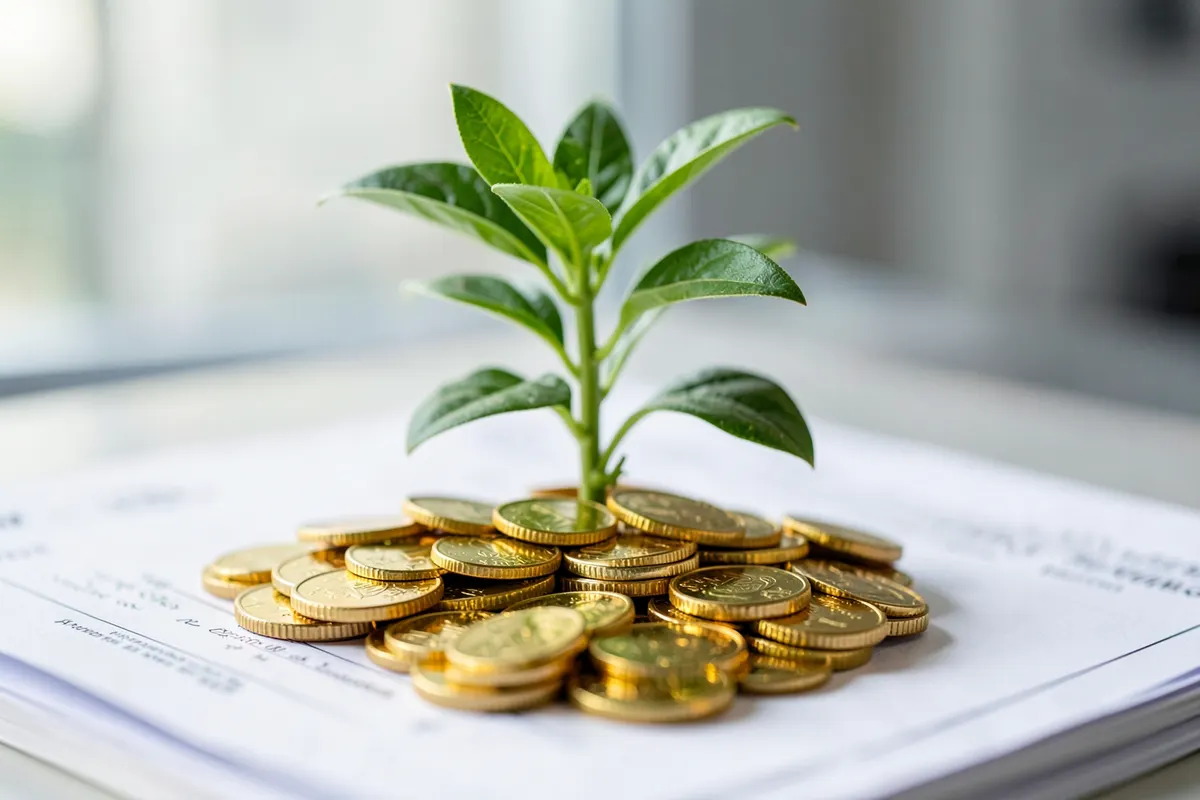 Uma planta crescendo em meio a moedas de ouro e documentos empilhados, simbolizando crescimento patrimonial.