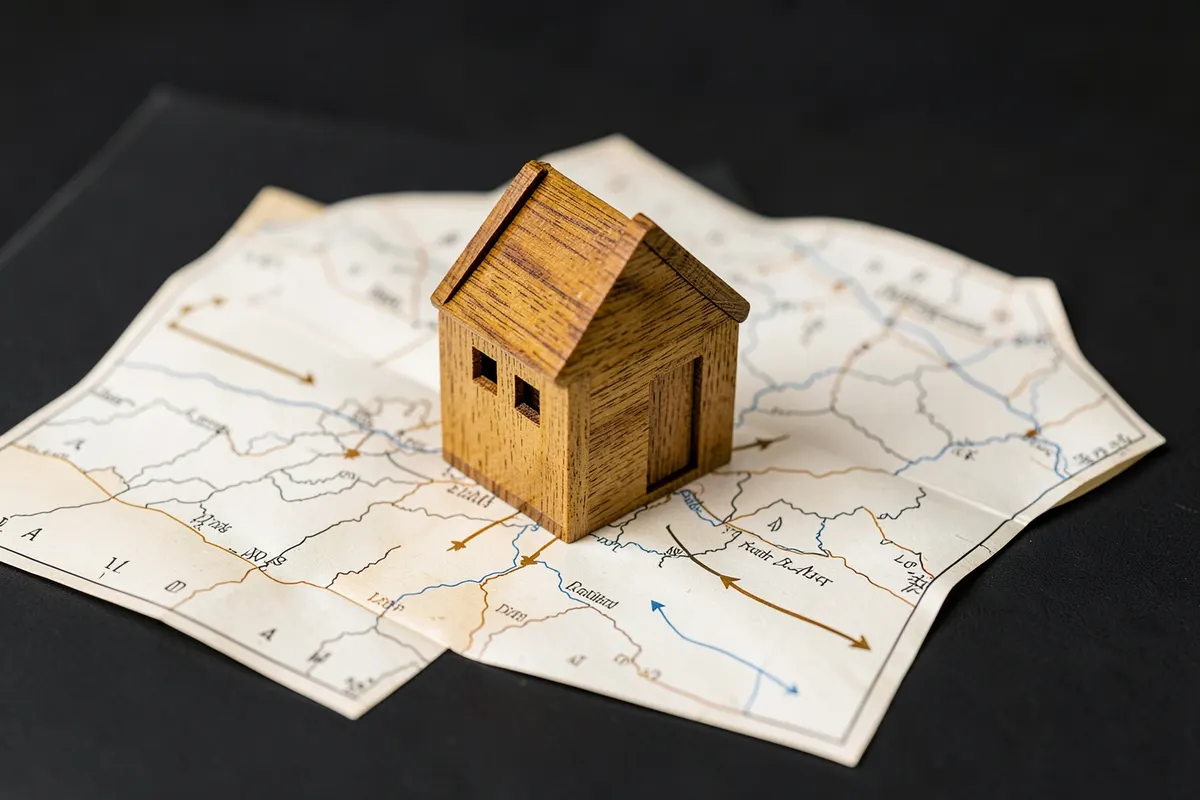 Uma casa de madeira em miniatura sobre um mapa, com setas indicando diferentes caminhos de sucessão.