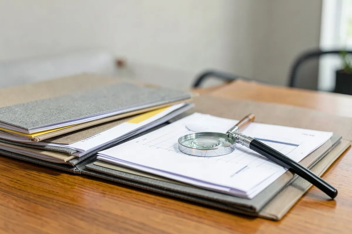 Uma pilha organizada de documentos e pastas em uma mesa de escritório com uma lupa.