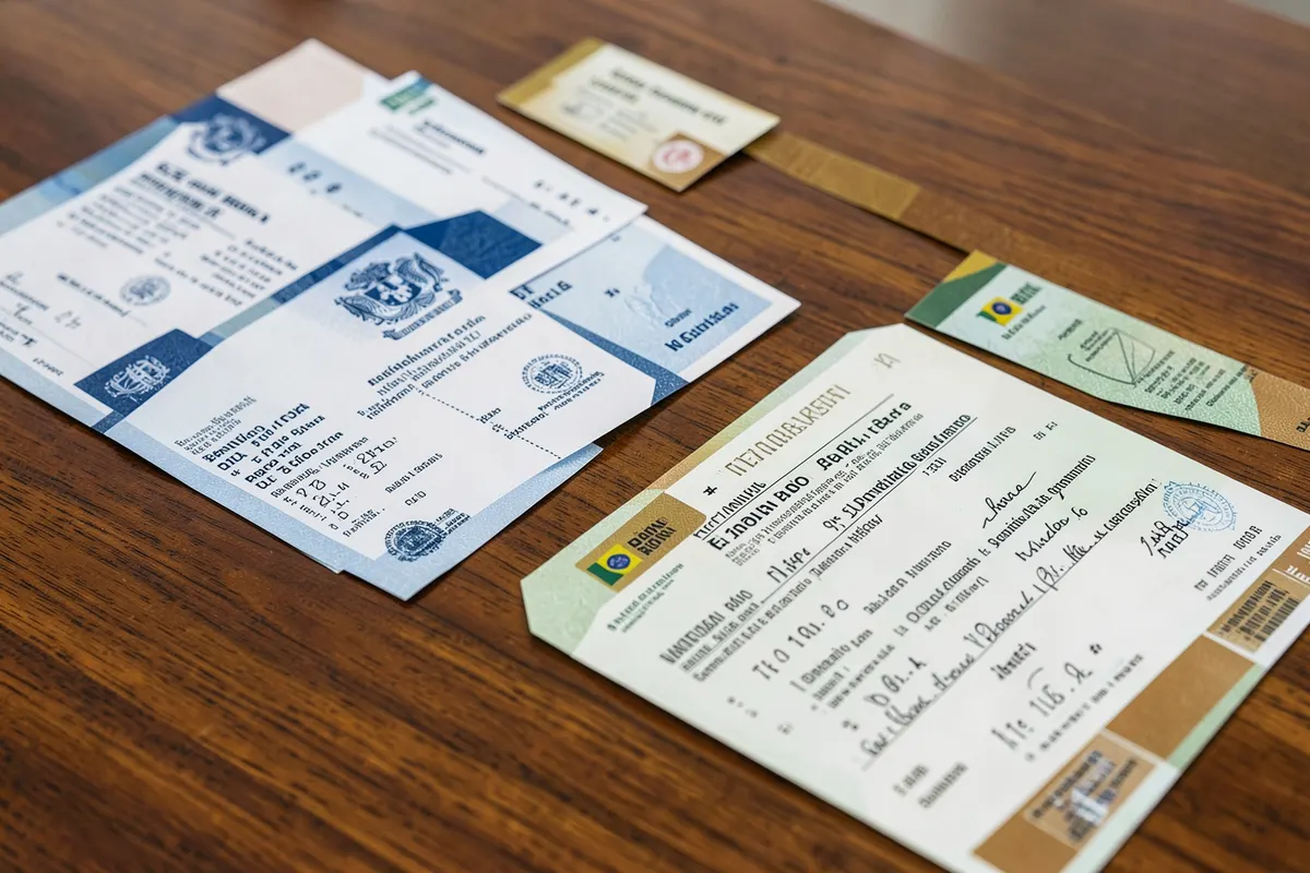 Um conjunto de carteiras de identidade e certidões de nascimento de diferentes pessoas sobre uma mesa.