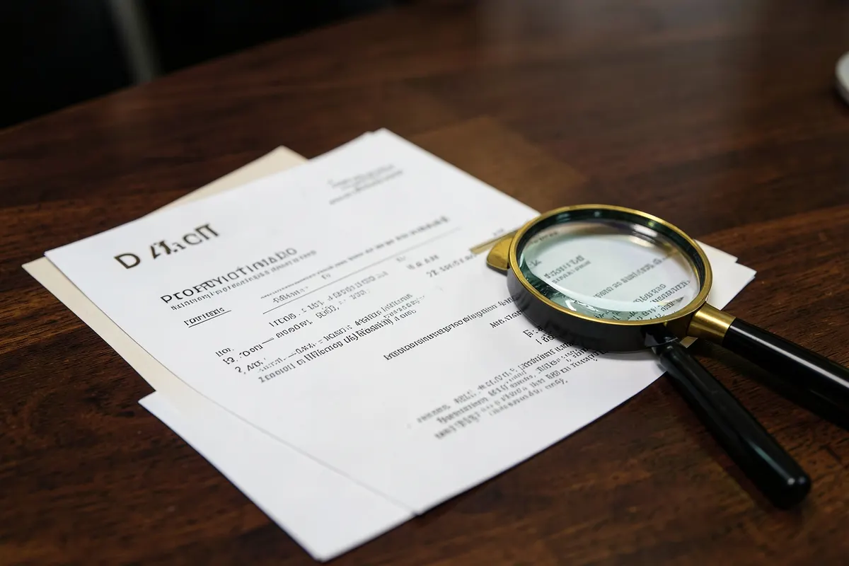 Uma escritura de imóvel e uma certidão de matrícula de imóvel sobre uma mesa com uma lupa.