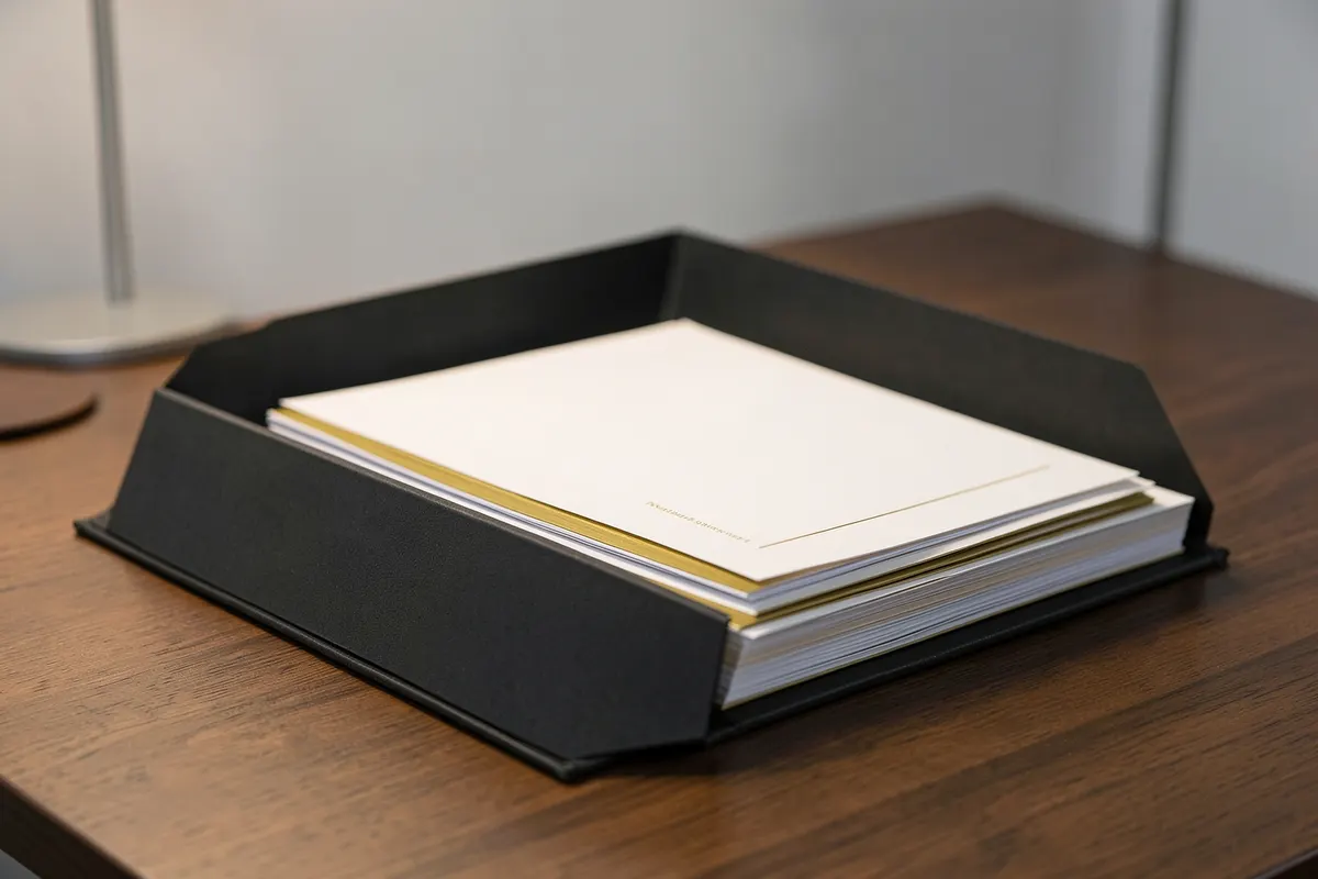 Uma pasta de arquivo aberta com documentos organizados em seu interior, sobre uma mesa de escritório.