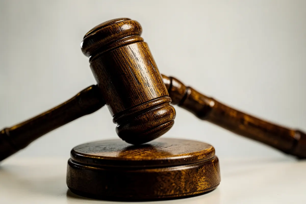 Um martelo de juiz batendo sobre um bloco de madeira, simbolizando a decisão judicial.