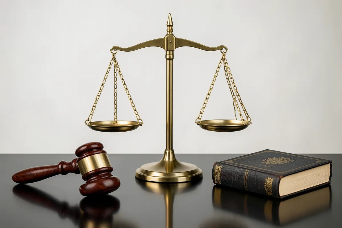 Uma balança da justiça com um martelo de juiz e um livro de leis ao lado.