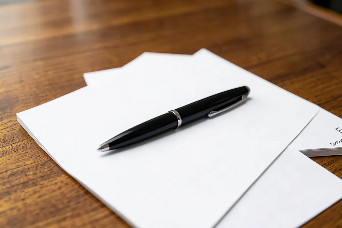 Uma caneta preta sobre um documento oficial em branco, pronta para ser assinada.