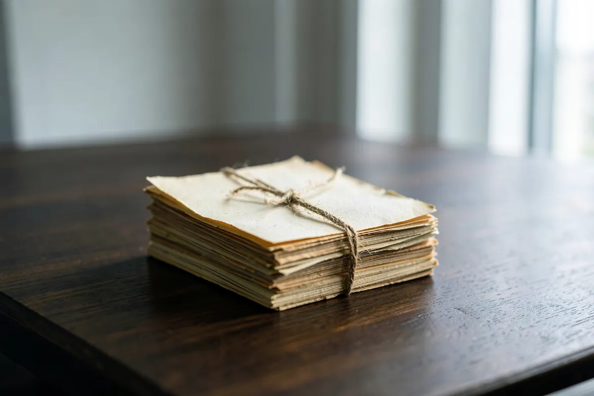Uma pilha de documentos de papel sobre uma mesa de madeira escura, com uma caneta ao lado.