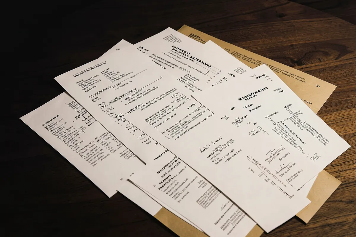 Uma coleção de documentos legais, incluindo certidões e escrituras, dispostos sobre uma superfície de madeira.