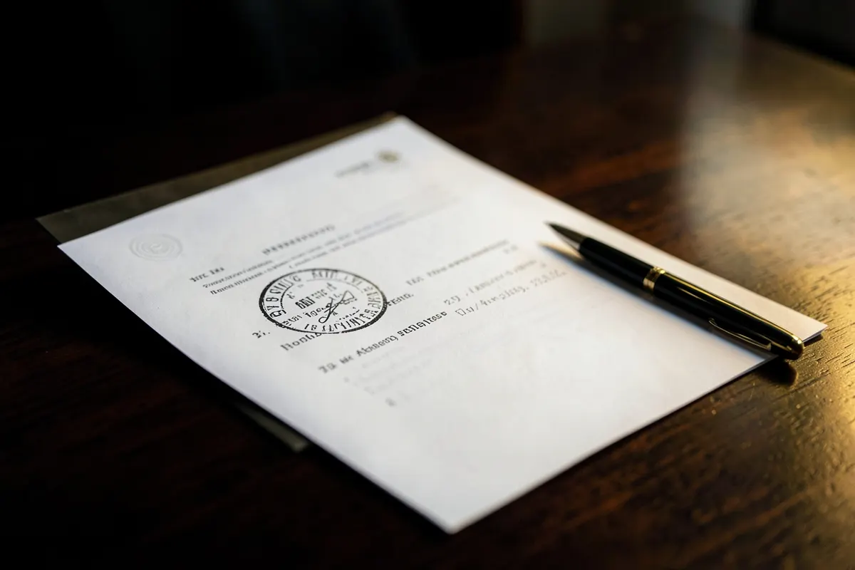 Um documento legal com um carimbo e uma caneta sobre uma mesa de madeira.
