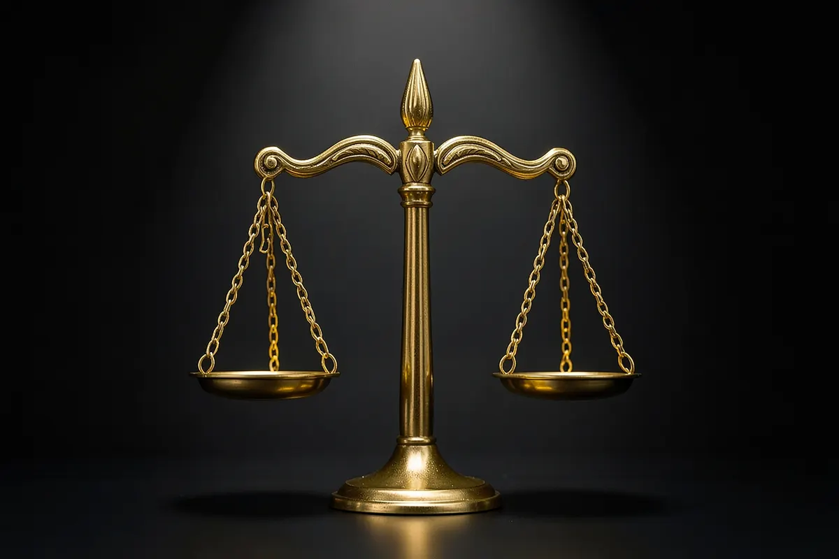 Uma balança da justiça dourada sobre um fundo escuro.