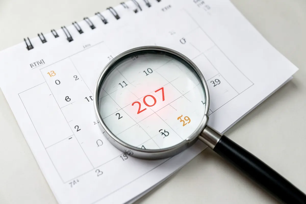 Um calendário com a data marcada em vermelho e uma lupa.