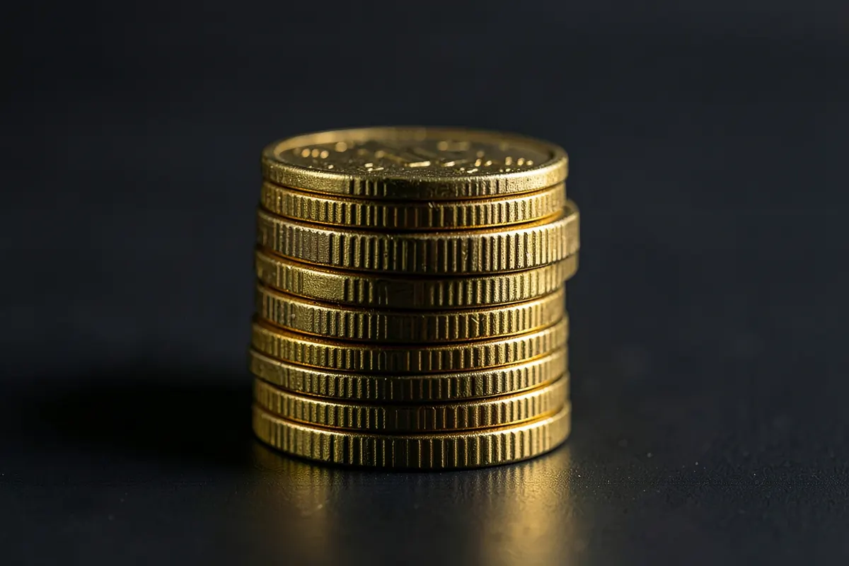 Uma pilha de moedas de ouro empilhadas em uma superfície escura.