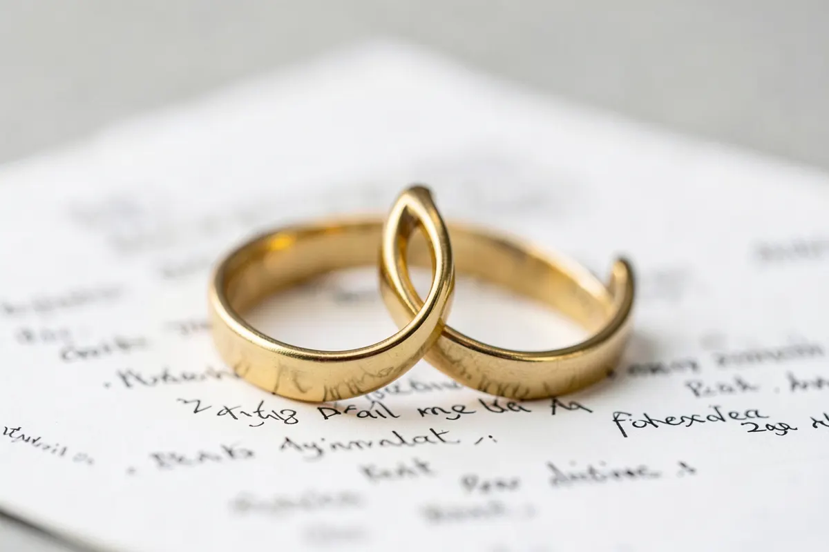 Duas alianças de ouro entrelaçadas sobre um documento legal.