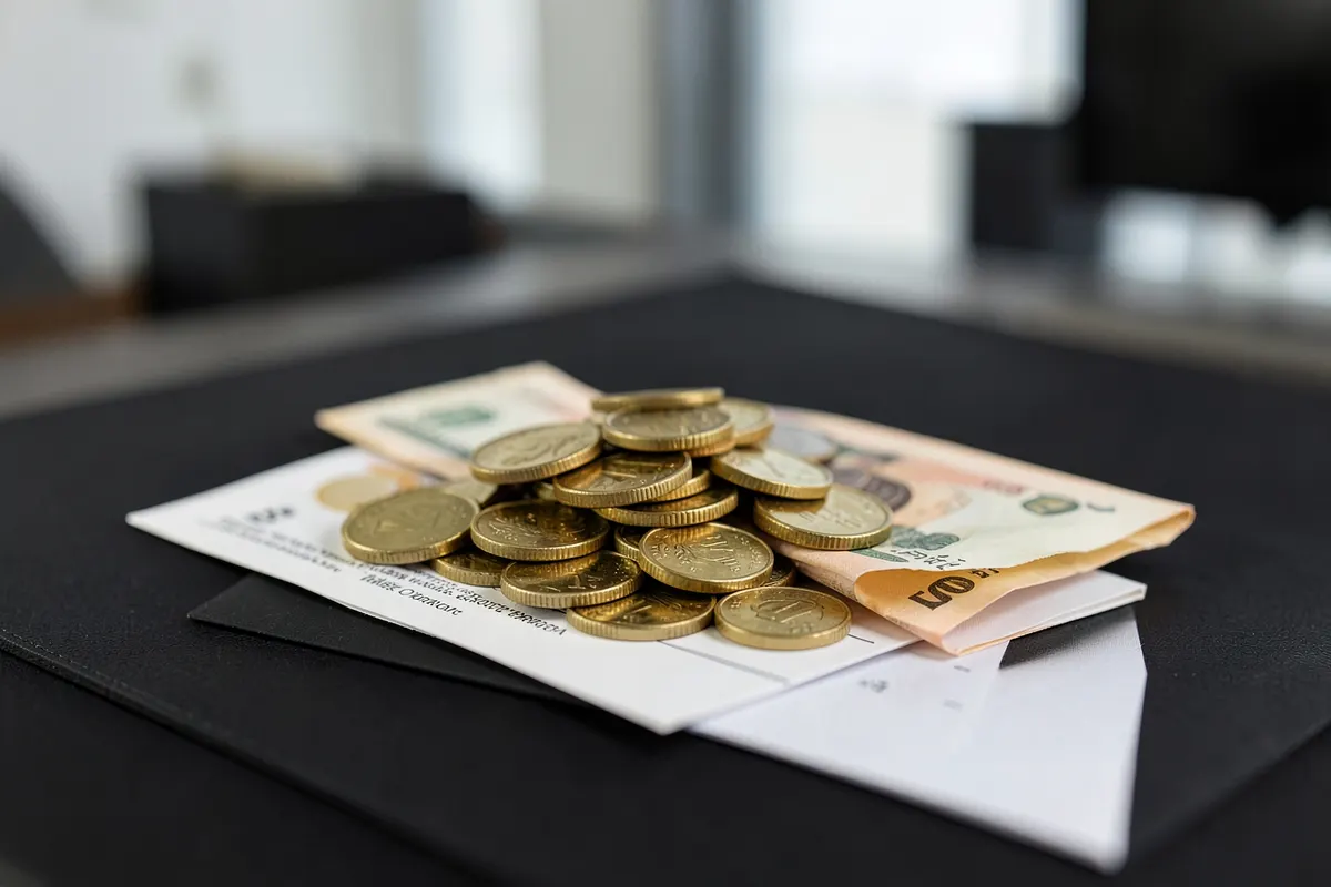 Uma pilha de moedas e notas de dinheiro em cima de um contrato.