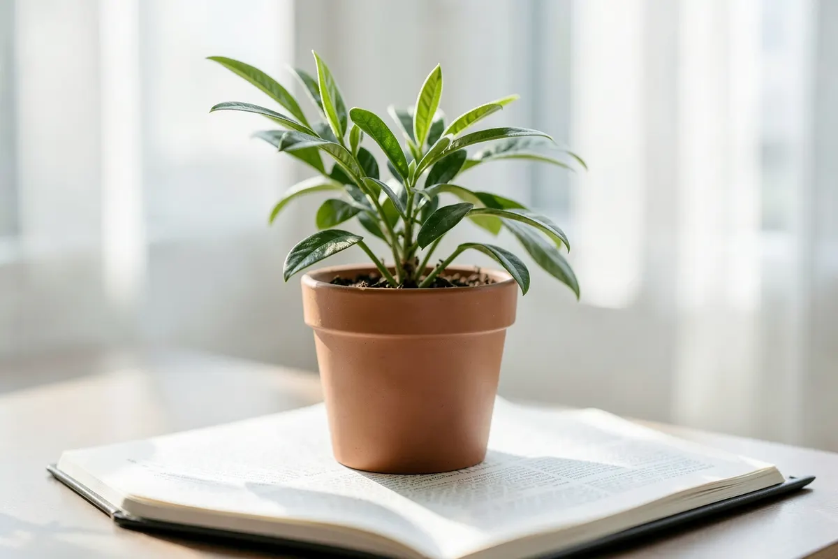 Uma planta crescendo em um vaso sobre um livro aberto.