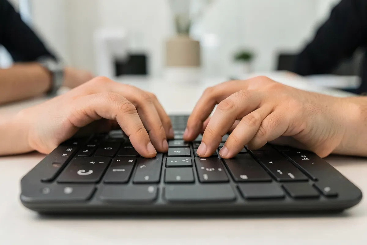 Um close-up de um CPF sendo inserido em um teclado de computador, com foco nos dedos e na tecla.