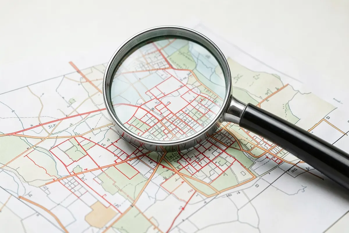 Uma lupa examinando um mapa de propriedades com marcações, simbolizando a busca por informações de imóveis.