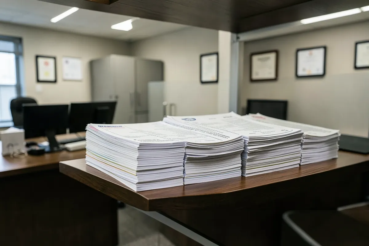 Uma pilha de documentos de registro de imóveis organizados em uma prateleira de cartório, com selos e carimbos visíveis.