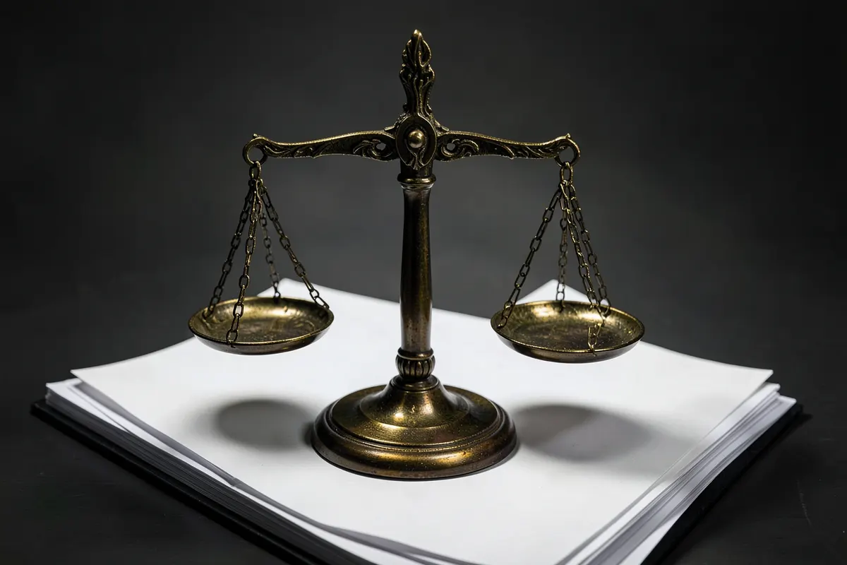 Uma balança de justiça em cima de papéis e um carimbo, simbolizando o processo legal de inventário.