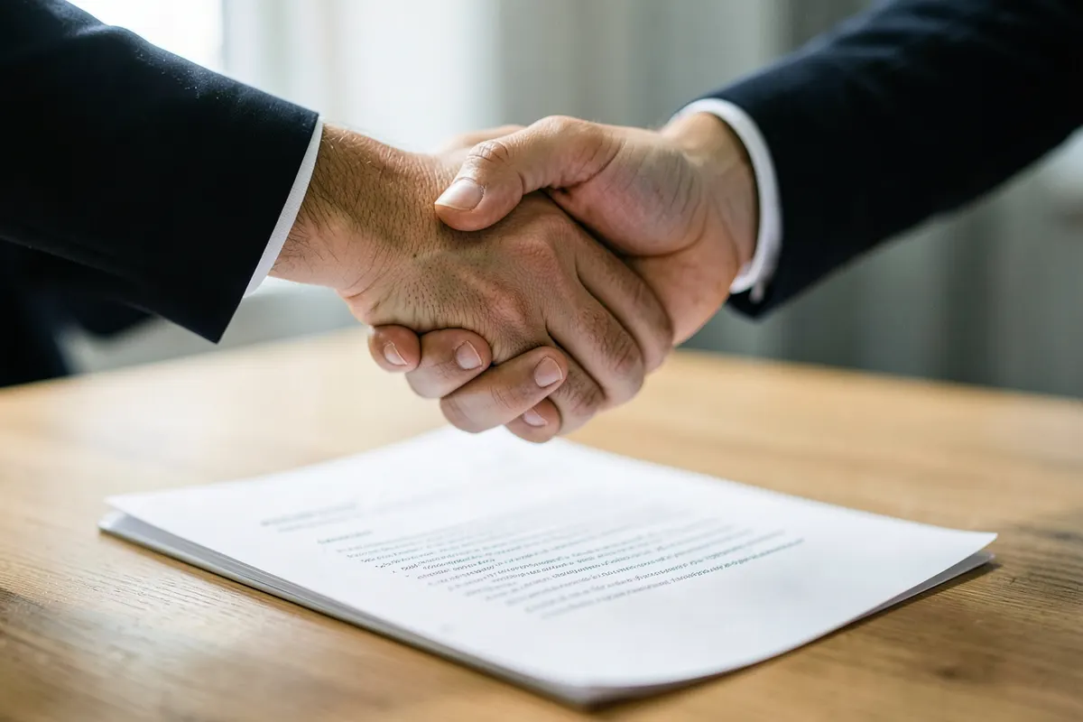 Duas pessoas apertando as mãos sobre um contrato.