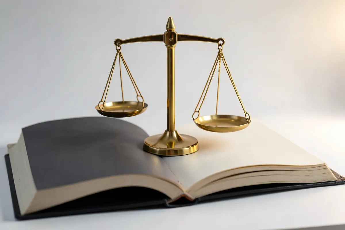 Uma balança da justiça em cima de um livro aberto.