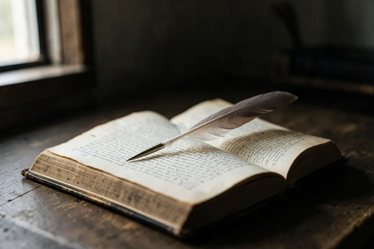 Um livro antigo aberto com páginas amareladas e uma pena de caligrafia pousada sobre ele, em um ambiente de escritório rústico, plano médio, luz natural de janela vindo da esquerda, sem ação.