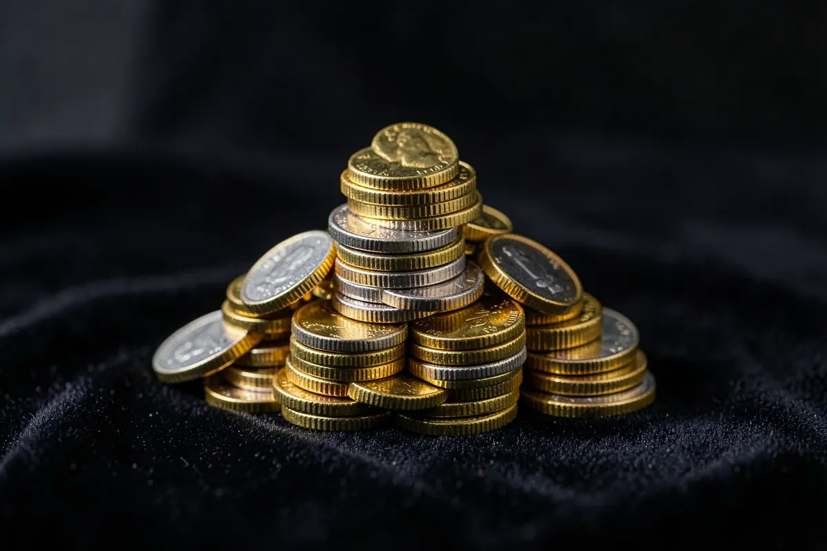 Uma pilha de moedas de ouro e prata em diferentes tamanhos e brilhos, formando uma pequena montanha sobre um pano de veludo escuro, close-up, luz lateral suave, sem ação.