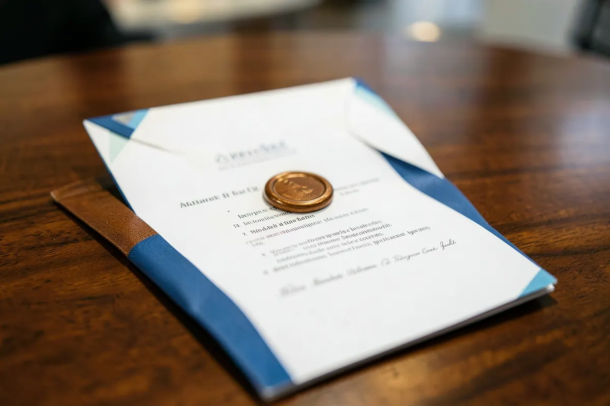 Um documento oficial com selo de cera e fita azul, sobre uma mesa de madeira polida, plano médio, luz de escritório vinda de cima, sem ação.