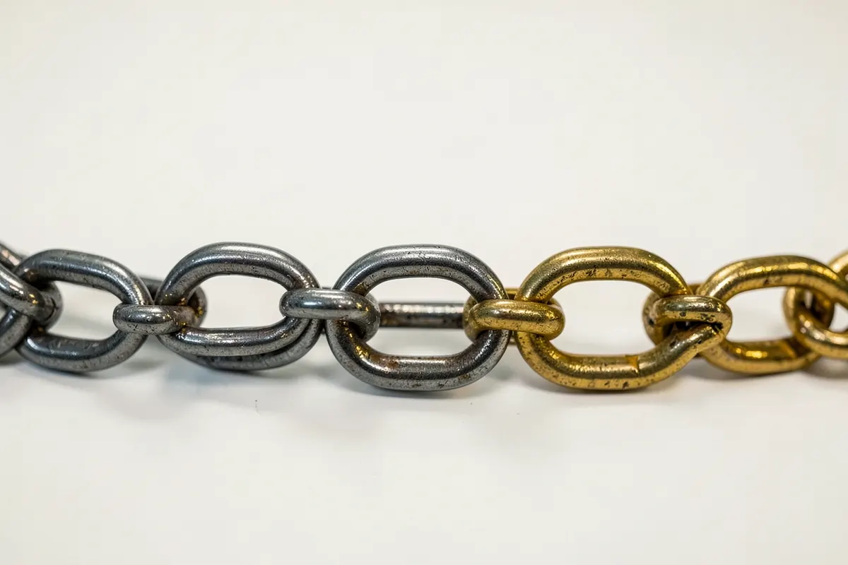 Uma corrente de elos de metal interligados, alguns brilhantes e outros opacos, formando um padrão contínuo, detalhe, luz difusa vinda de cima, sem ação.