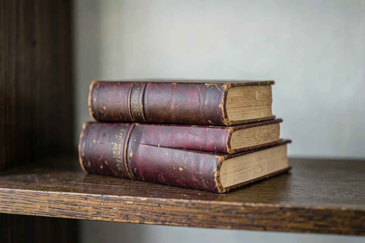 Uma pilha de livros antigos em uma estante de madeira escura.