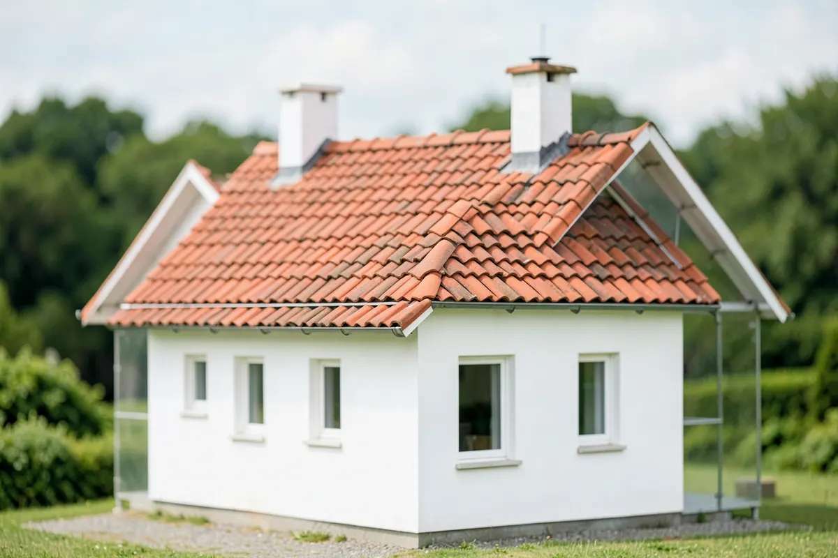 Uma casa pequena e simples com um telhado vermelho.