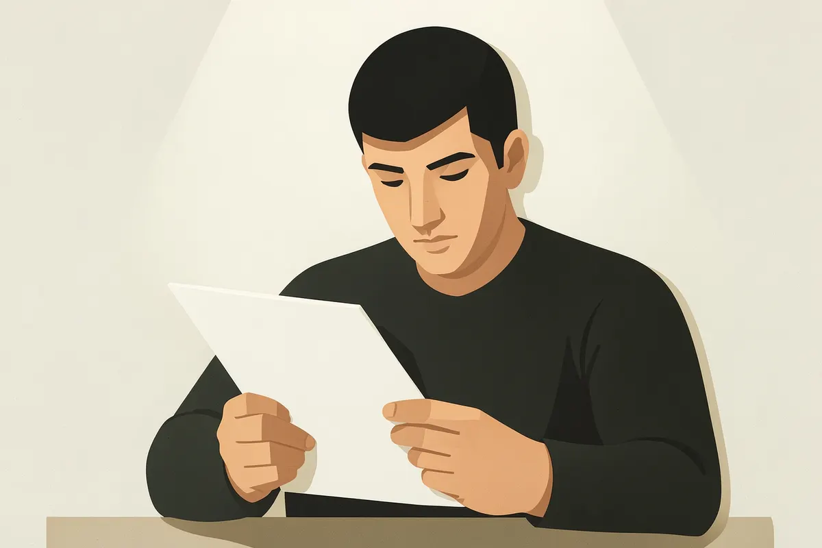 Uma pessoa lendo um documento com atenção, em plano detalhe, com luz suave vinda de cima, em um momento de concentração.