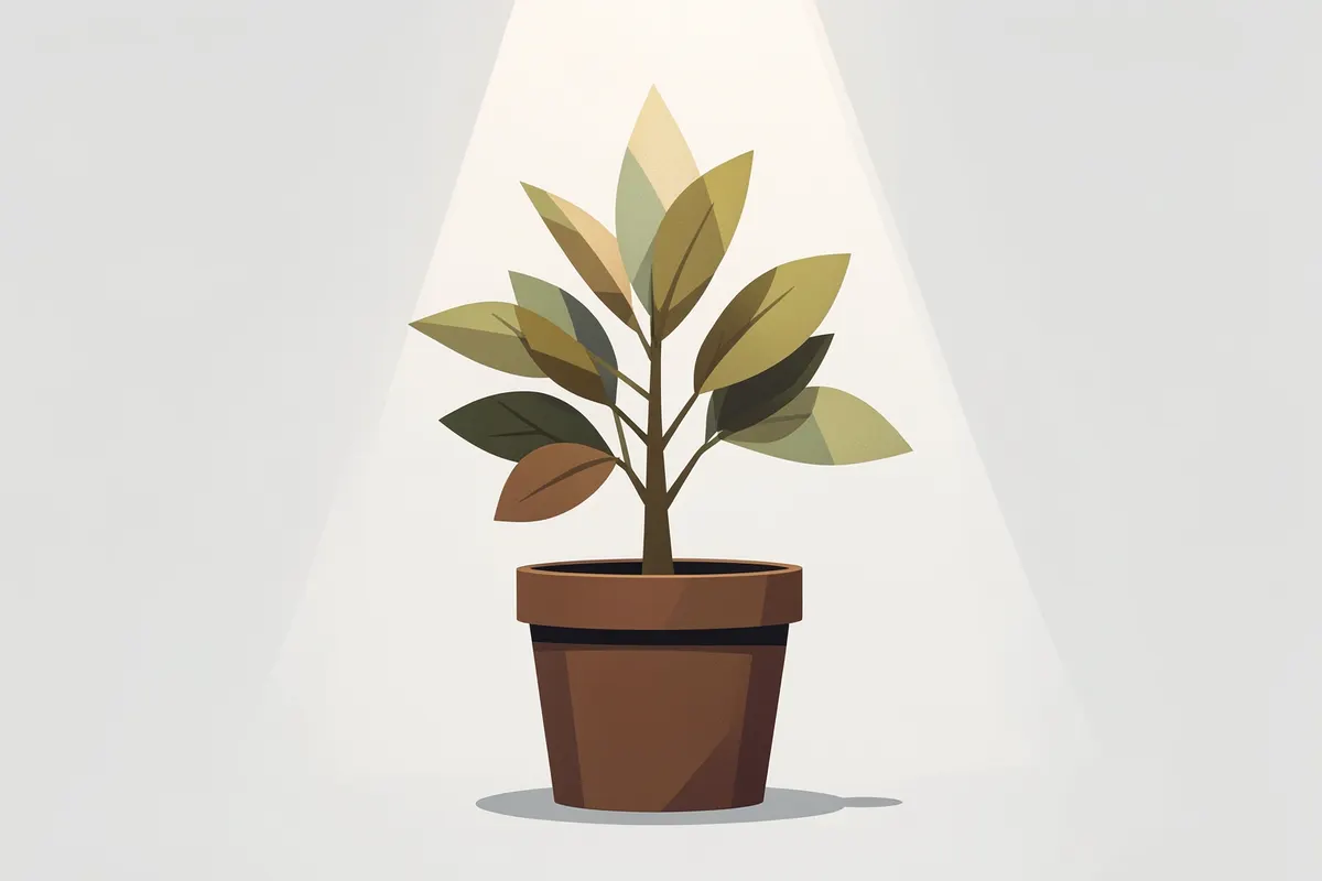 Uma planta crescendo em um vaso, em plano detalhe, com luz solar vinda de cima, em um momento de desenvolvimento.