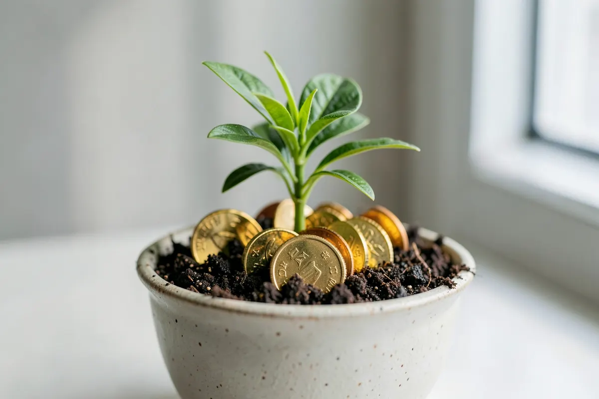 Uma planta crescendo em um vaso de cerâmica, com moedas de ouro saindo da terra.