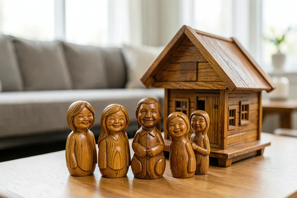 Uma família de bonecos de madeira em frente a uma casa de madeira em miniatura, em plano geral, com luz suave vindo de cima, em um ambiente de sala de estar.