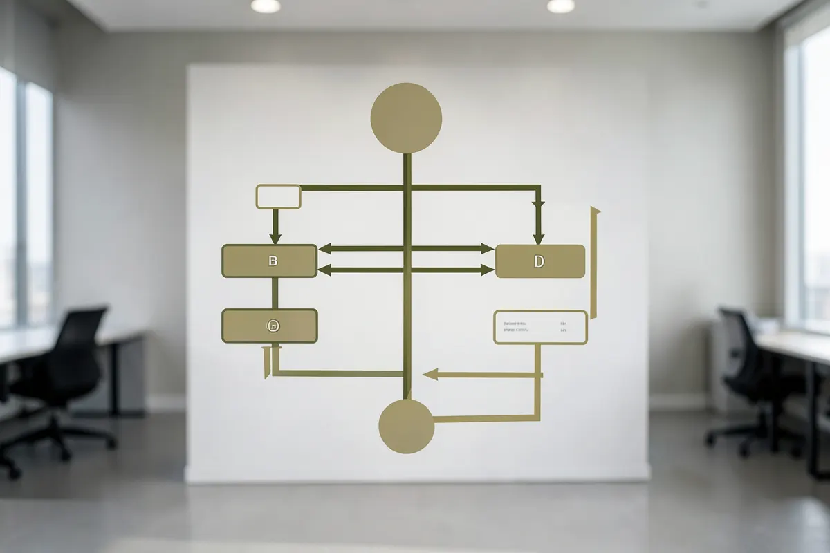Um diagrama de fluxo mostrando a estrutura de uma holding familiar com setas conectando diferentes componentes, em plano detalhado, com iluminação de escritório, em um ambiente de escritório.