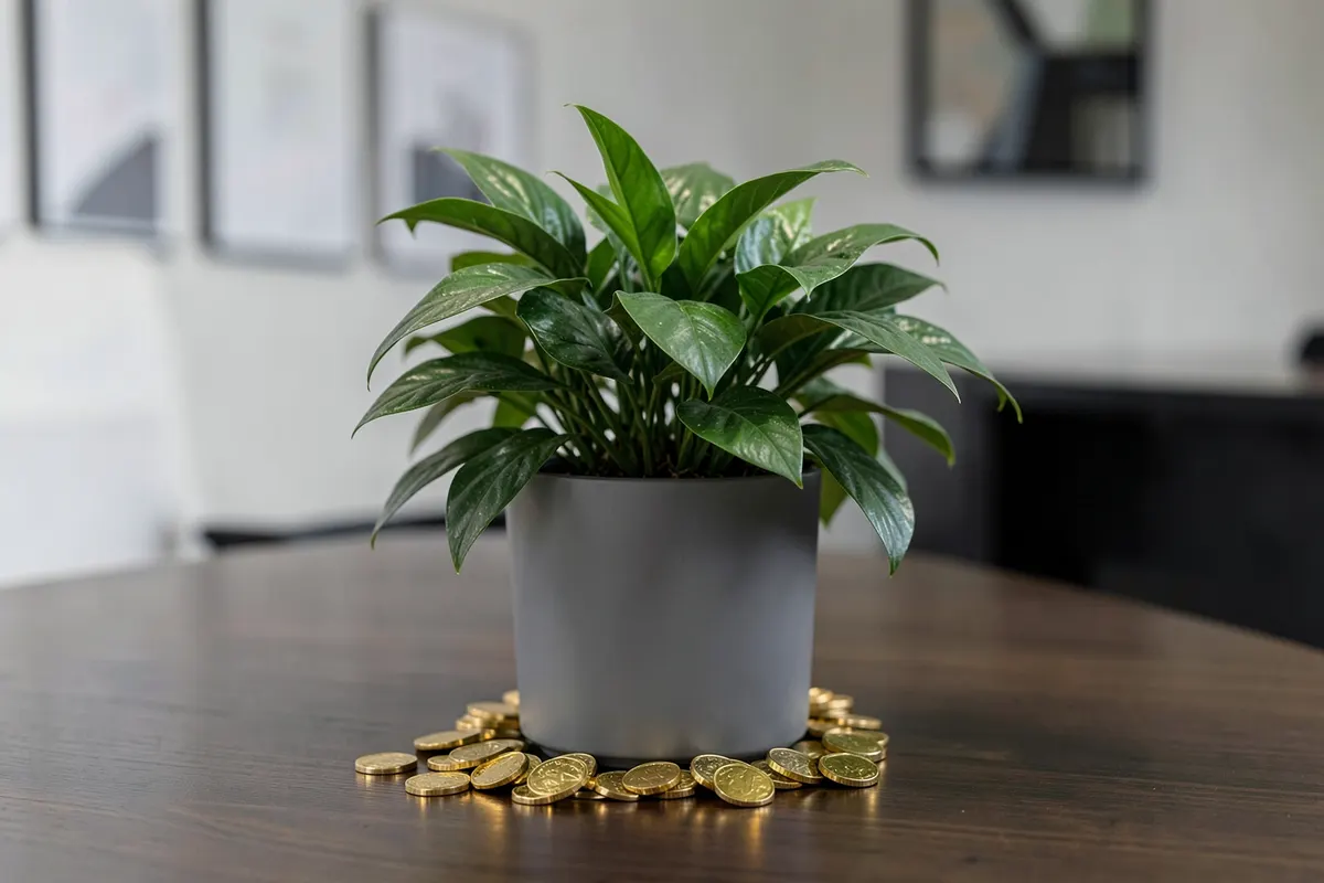 Uma planta crescendo de um vaso em uma mesa, com moedas de ouro ao redor, em close-up, luz suave vindo da esquerda, em um ambiente de escritório.