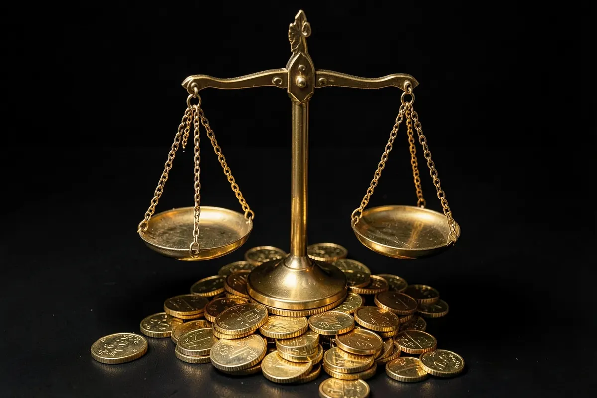 Uma balança de justiça dourada equilibrada sobre uma pilha de moedas de ouro, em close-up, com luz dramática vindo de cima, em um fundo escuro.