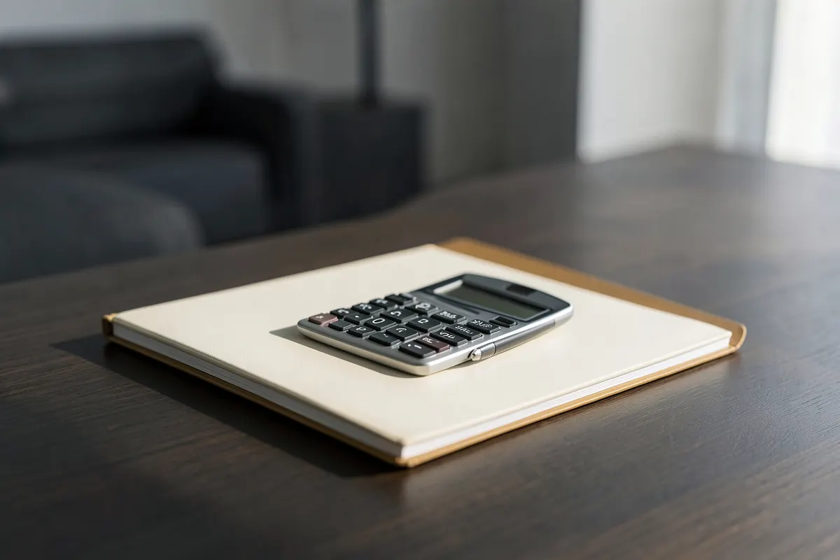 Uma calculadora e uma caneta sobre um bloco de notas fechado em uma mesa de madeira, em close-up, com luz de escritório vindo da direita, em um ambiente de escritório.