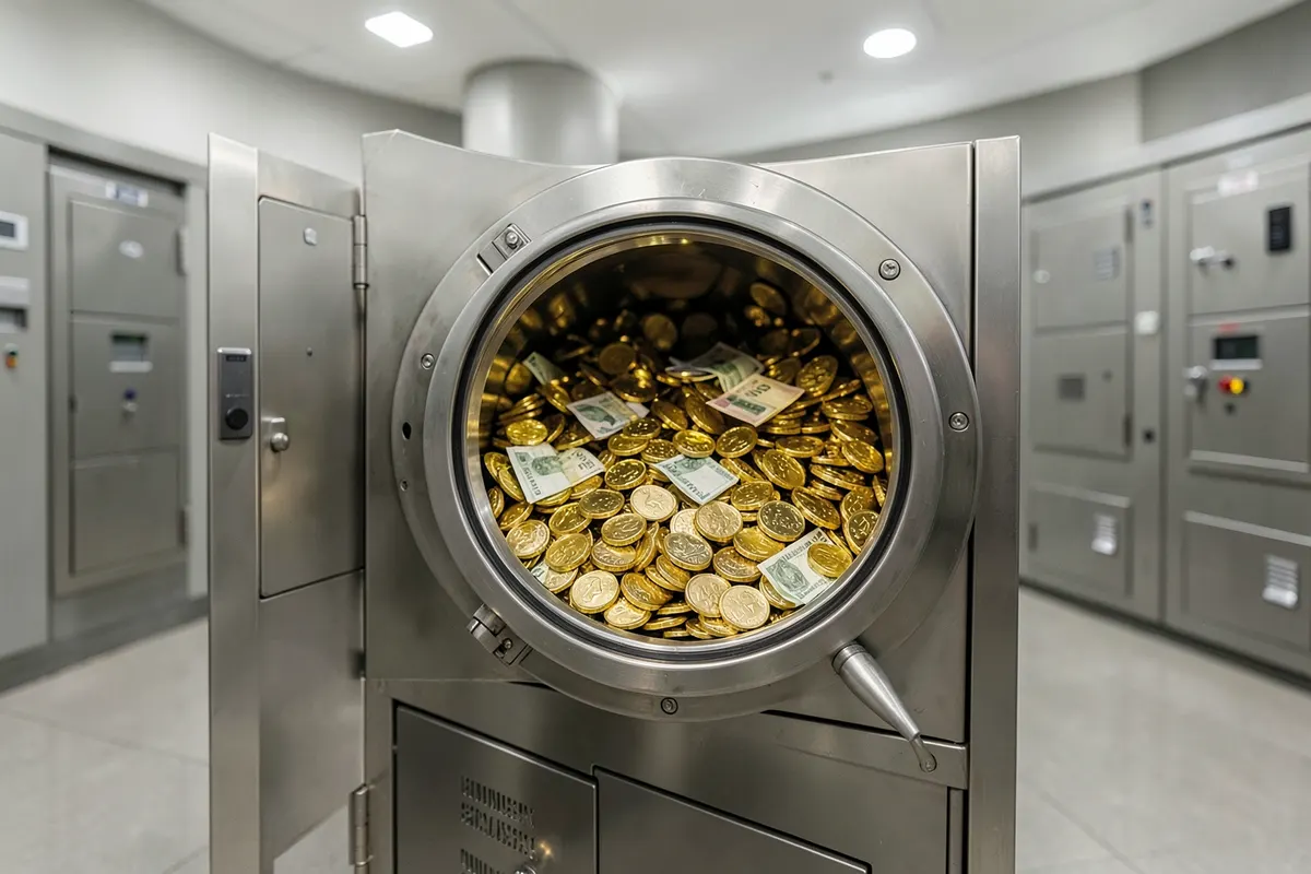Um cofre de banco aberto com moedas de ouro e notas de dinheiro dentro, em plano médio, com luz brilhante vindo da frente, em um ambiente de banco.