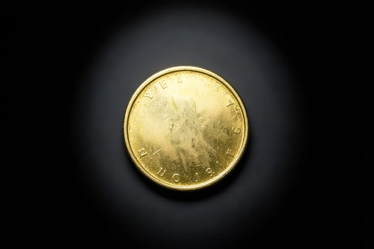 Uma única moeda de ouro brilhante em destaque sobre um fundo escuro, em close-up extremo, com luz pontual vindo de cima, em um ambiente de estúdio.