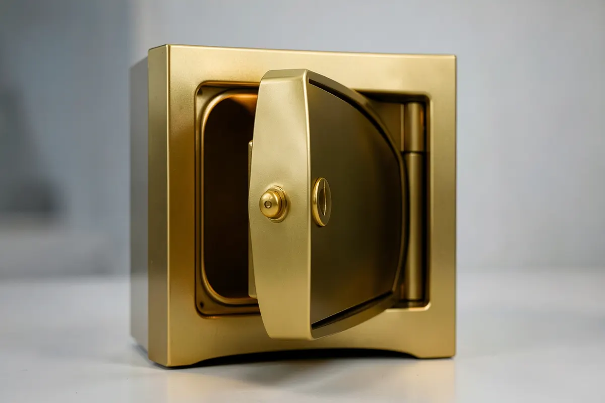 Um cofre de banco dourado com a porta entreaberta, revelando o interior escuro, plano médio, luz ambiente suave vinda de dentro do cofre, sem ação.