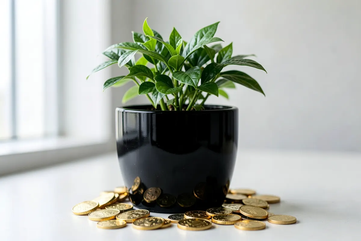 Uma planta crescendo em um vaso de cerâmica preta, com moedas de ouro caindo ao redor, plano de detalhe, luz natural de janela vinda da esquerda, sem ação.