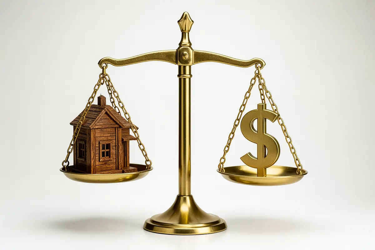 Uma balança de justiça dourada equilibrando uma casa de madeira e um cifrão, plano de detalhe, luz de estúdio vinda de cima, sem ação.