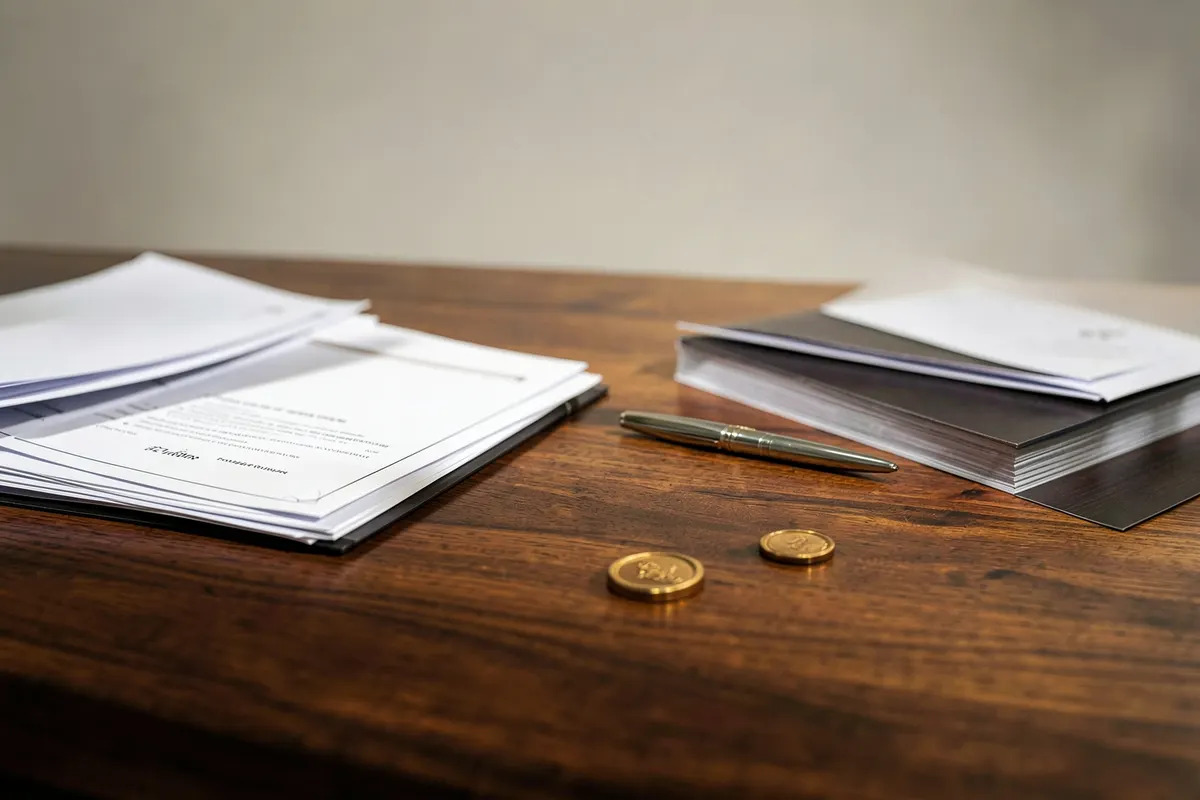 Uma mesa de madeira com documentos organizados, uma caneta e um selo de cera, plano de detalhe, luz de escritório vinda da direita, sem ação.