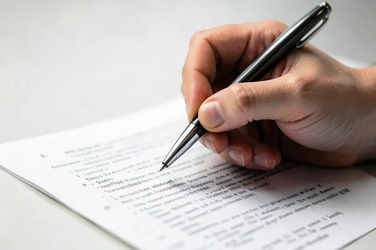 Uma mão segurando uma caneta sobre um documento legal.