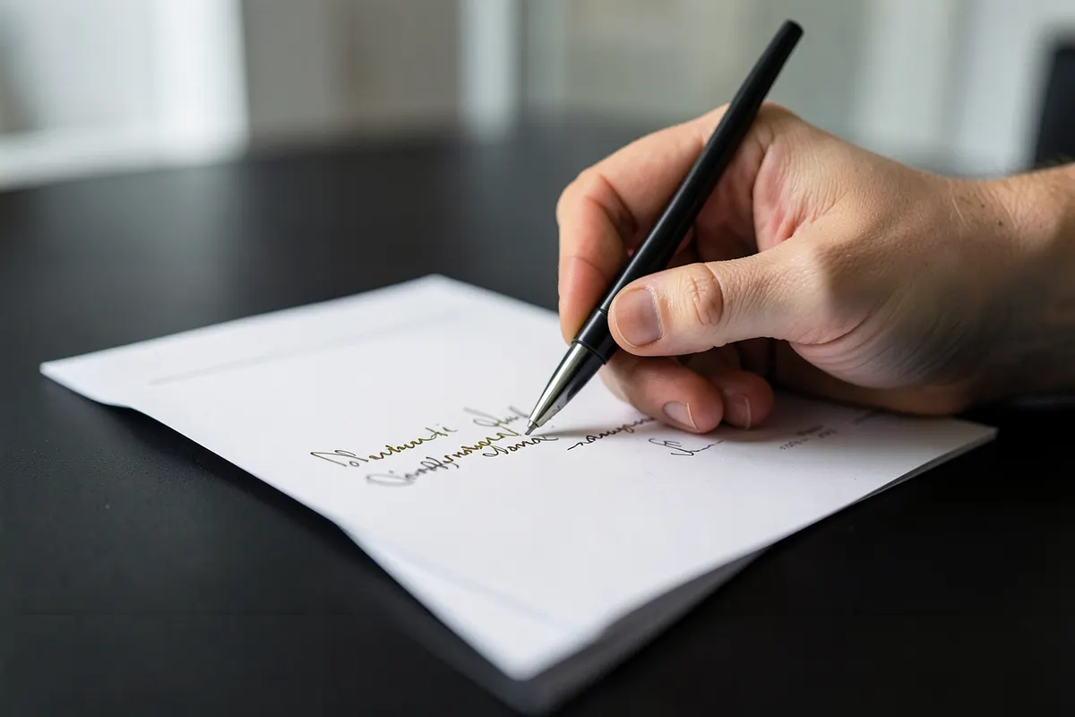 Uma pessoa escrevendo em um documento legal com uma caneta.