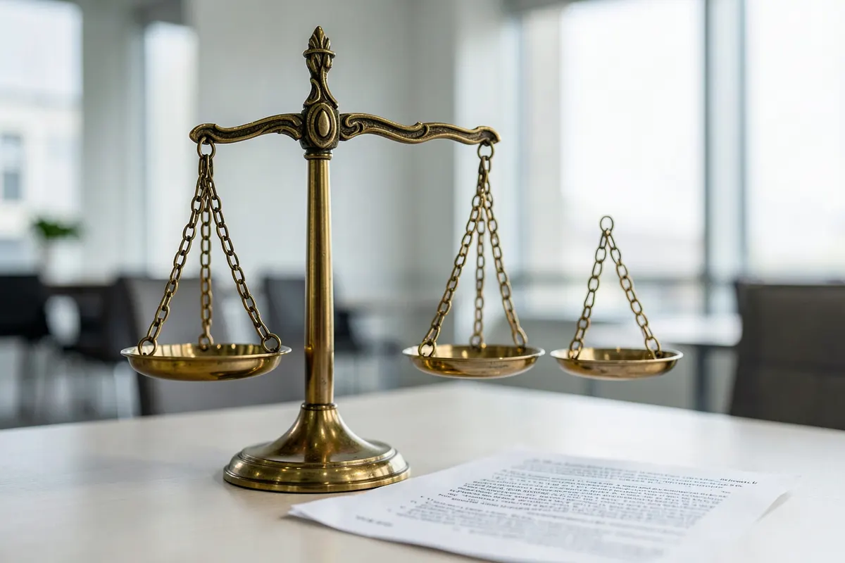 Uma balança da justiça ao lado de um documento legal.