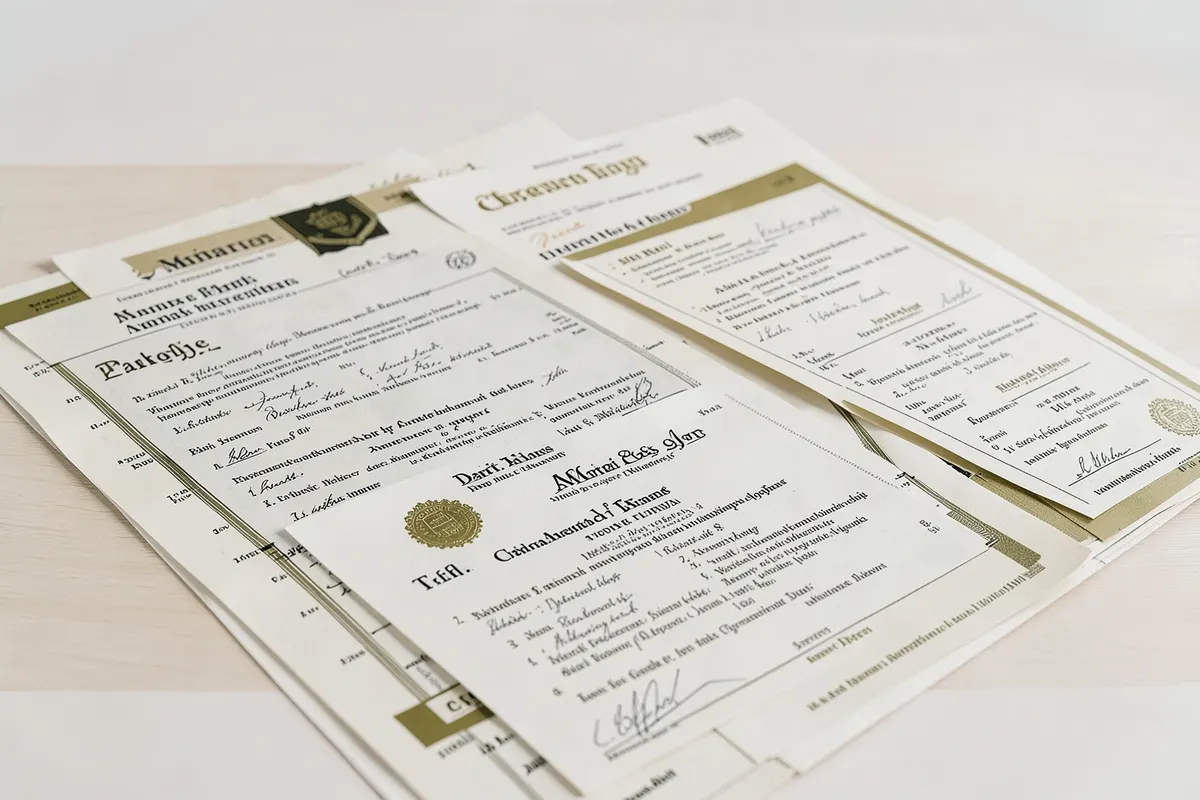 Uma coleção de documentos importantes como certidões de nascimento, casamento e óbito, e escrituras, dispostos sobre uma superfície clara, em detalhe, com iluminação de estúdio focada.